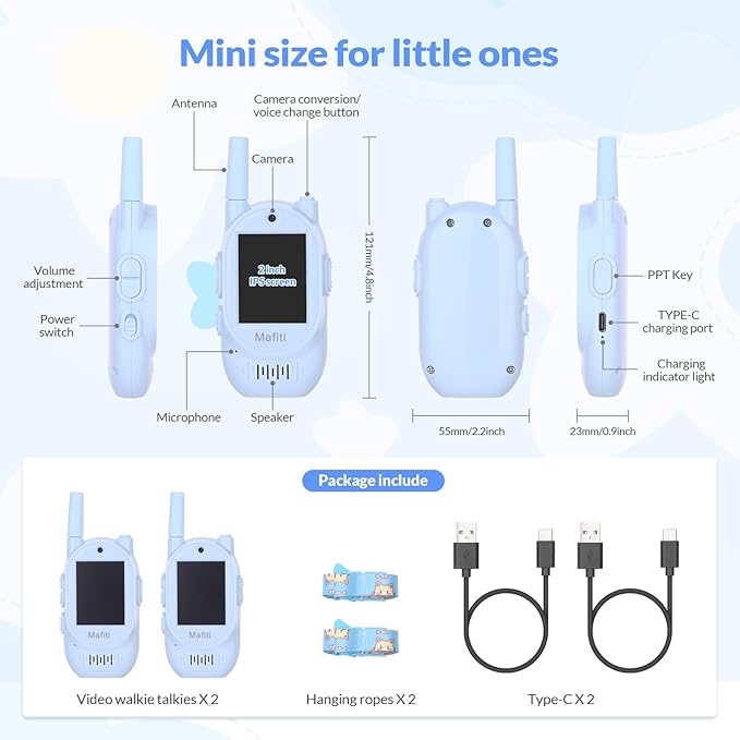Mafiti Video Walkie Talkies for Kids 2 Pack Rechargeable 1000 Feets Range Toys for 3 4 5 6 7 8 Year Old Boys Girls Birthday Gifts(Blue+Blue)