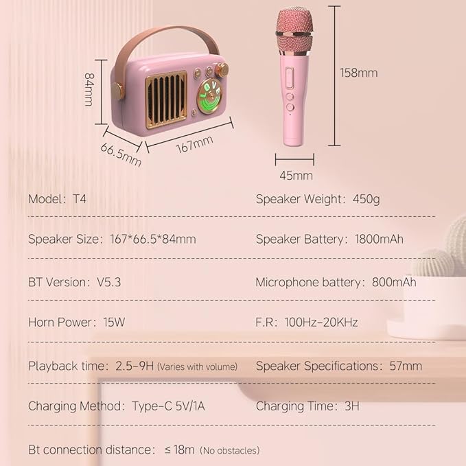 Cyboris Karaoke Machine for Kids Adults, 15W Mini Handheld Portable Bluetooth Speaker &2 Wireless Microphone& Lights,9H Playtime,AUX&TF-Card Input,Bluetooth 5.3, Birthday Gifts for Girls Boys (Pink)