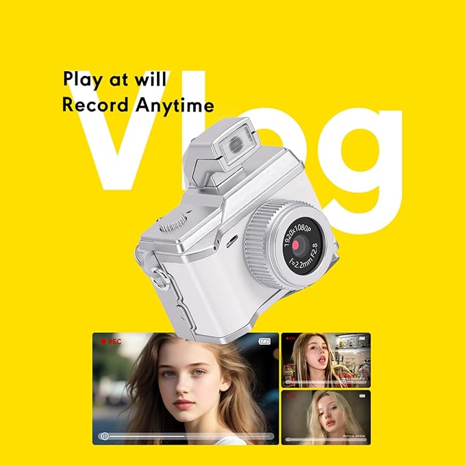 Bewinner Tiny Digital Keychain Camera, 1080P FHD 8MP Thumb Sized Mini Camera with 0.96 Inch Color Screen & 32GB Memory Card, LED Fill Light for Beginners Teens Kids Gifts (Space White)