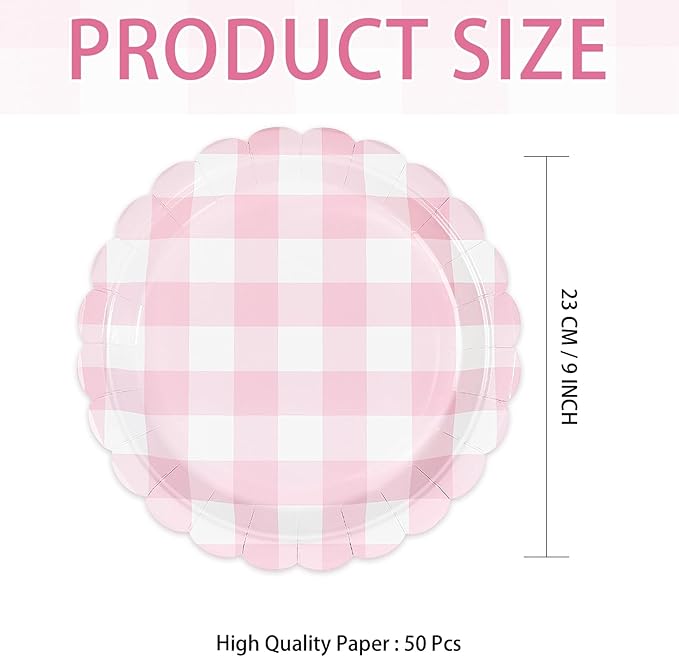 50Pcs Pink Gingham Paper Plates 9Inch Heavy Duty Pink White Scalloped Plaid Disposable Dessert Plates Checkered Party Decorations for Kids Baby Shower BBQ Birthday Bride Wedding Party Supplies