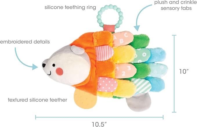 Pearhead Hedgehog Montessori Sensory Toy, Soft Plush Lovey with Crinkle Tabs and Silicone Teether for Babies 0m+, Early Development Easter Basket Gift