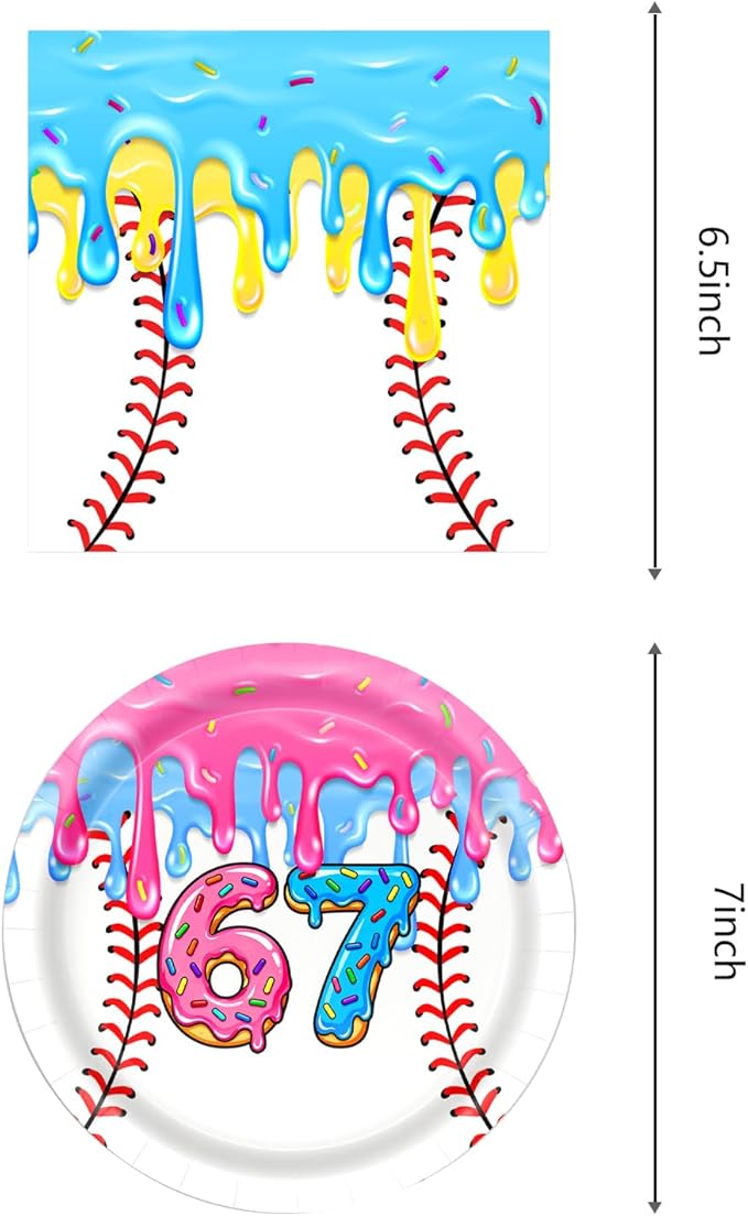 6 7 Birthday Party Supplies, include 20 Plates and 20 Napkins, for 6 7 Ice Cream Drip Baseball Six Seven Birthday Party Decorations