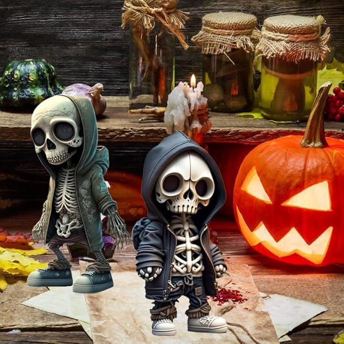 4pcs Mini Skeleton Figurines Small Skulls Action Figure Halloween Resin Gnome Statue Cute Cool Home Desk Office Decor