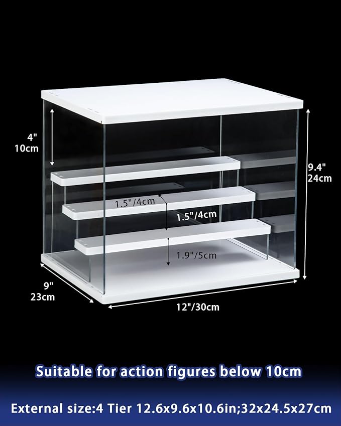 Clear Acrylic Display Case with Light , 4 Tier Display Box Stand Assembly Dustproof Protection Showcase for Collectibles Action Figures (White 12.6×9.6×10.6in; 32×24.5×27cm)