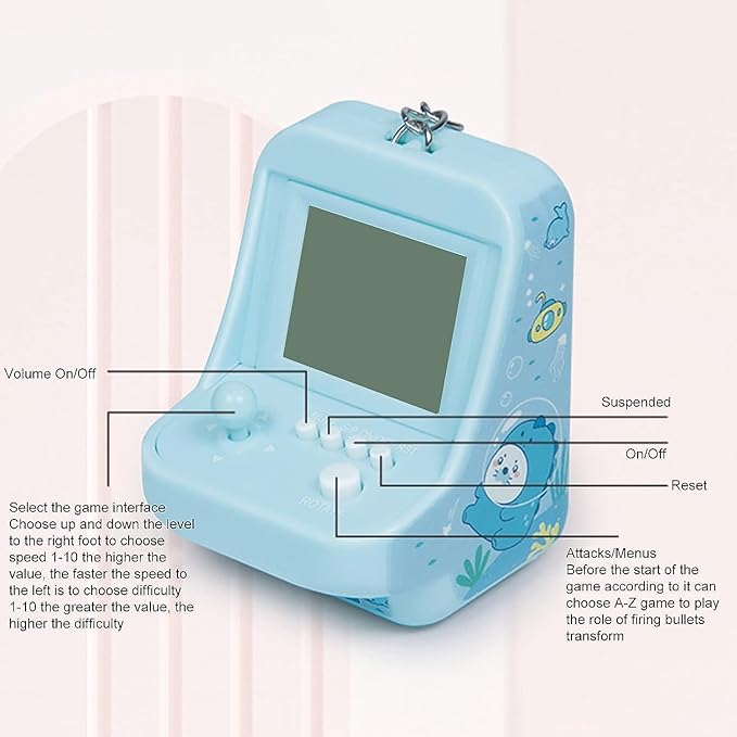1PC Blue Micro Player Mini Arcade Machine with Keychain, 26 Classic Game Modes Support Music Mini Building Block Game Console for Plug and Play Video Games Automotive Trim Automobile Keychains