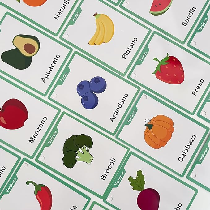 Frutas y Verduras Spanish Fruits and Vegetables Vocabulary Flash Cards, Language Learning Classroom Supplies, Words Cognitive Cards for Preschool Kindergarten Teaching Aids