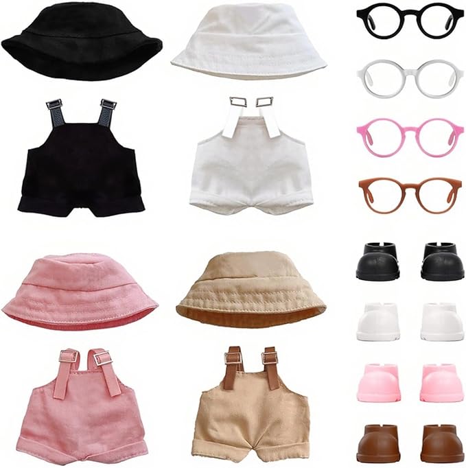 4PCS Doll Clothes Set for 17cm Dolls – Stylish Outfit with 4 Hat, 4 Overalls, 4 Shoes & 4 Glasses of Clothes Designer, Cute Clothes for Dress up Unique Style (Black+White+Brown+Pink)