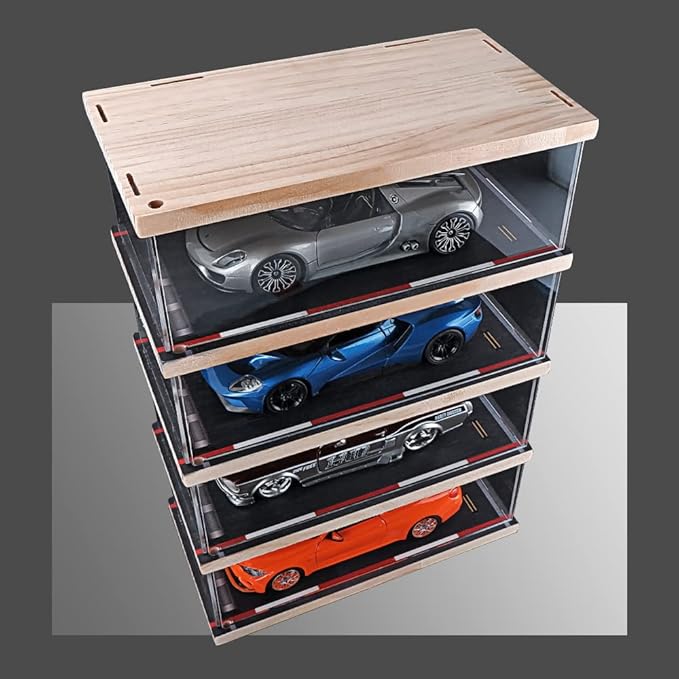 1:24 Scale 4-Tier Vehicle Display Case with Parking Lot Scene for Sports Car & Lego Collectors, Display Stand for Alloy Car Model Toy (4-Tier Auto Repair Store Scene)