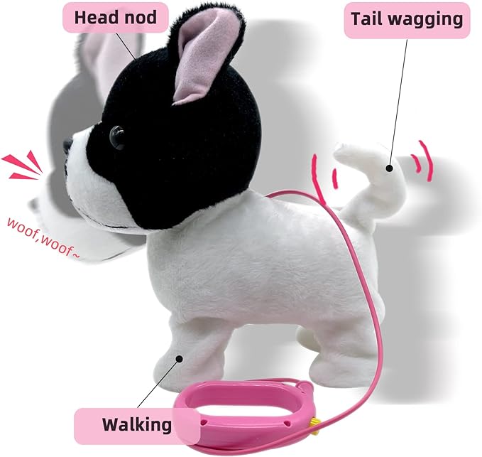 YH YUHUNG Walking French Bulldog Toy with Leash, Black & White Frenchie Puppy Robot, Electronic Barking & Wagging Plush Dog, Interactive Pet Gift for Kids 3+ (French Bulldog)