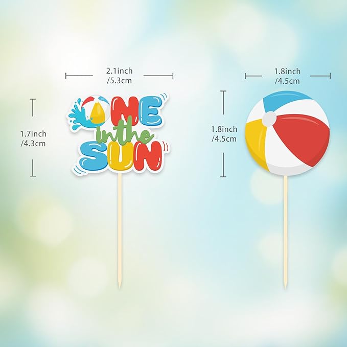 24 Pack One In The Sun 1st Birthday Party Cupcake Toppers, Summer Pool Party Beach Ball Sunshine 1st Birthday Party Decorations (One In The Sun 1st Birthday)