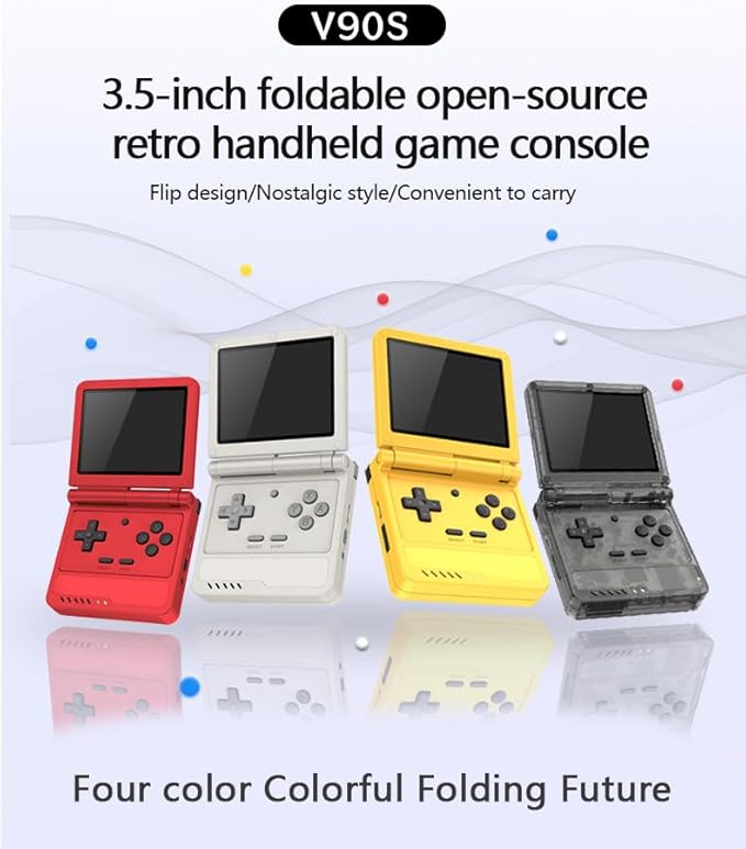 Powkiddy V90S Retro Handheld Console - 10,000+ Preloaded Games, Foldable Clamshell Design, 3.5" IPS Screen, 4-6 Hour Battery, Dual TF Slots (Red)