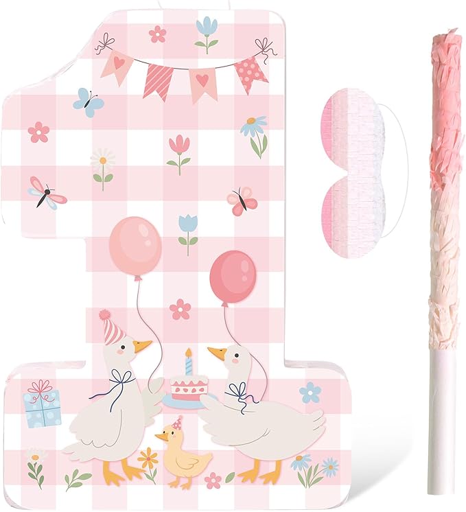 Pajean Silly Goose Piñata Funny Goose 1st Birthday Decorations Pink Gingham Duck Number One Piñata Set with Stick Blindfold for Baby Shower First Birthday Celebration Decor