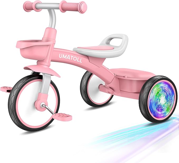 Umatoll Toddler Tricycle for 18 Month to 4 Year Old Girls,Toddler Bike Toys with Adjustable Seat&Light-Up Wheels,Birthday Gift for Age 2-3 (Pink)