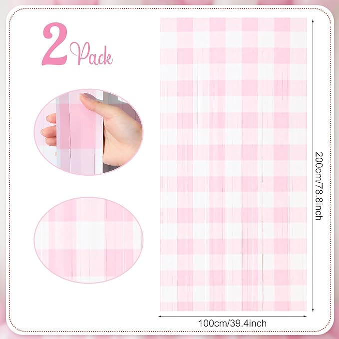 2 Pcs Pink Gingham Party Decorations 3.3 x 6.6 ft Pink and White Checkered Foil Fringe Curtains Backdrop Tinsel Streamers for Wedding Birthday Baby Shower Party Decor Supplies