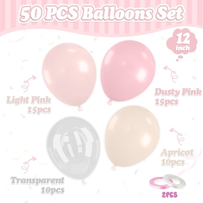 FunHot Dusty Pink Balloons, 50 Pcs Light Pink Balloon, Blush Balloons, 12 Inch Apricot Transparent Latex Balloon for Girl Birthday Valentine's Day Baby Shower Bridal Shower Wedding Party Decorations