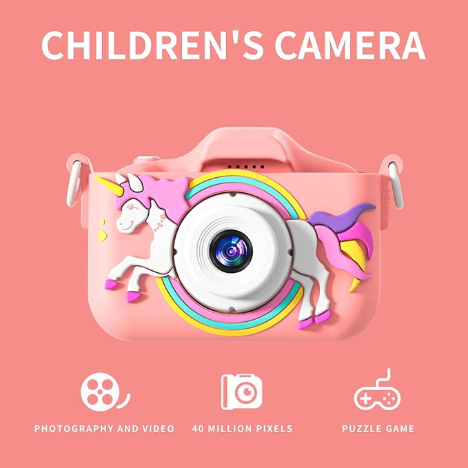 Kids Camera, Rainbow Design, 2.0 Inch LCD Screen, with 64GB Memory Card, Girls Toy