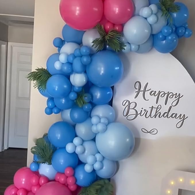 Blue Balloon Arch Kit,Royal Light Blue Hot Pink Balloons with Palm Leaves for Girl Boy Themed Birthday Party Decorations Baby Shower Graduation Summer Pool Hawaii Tropical Party Supplies