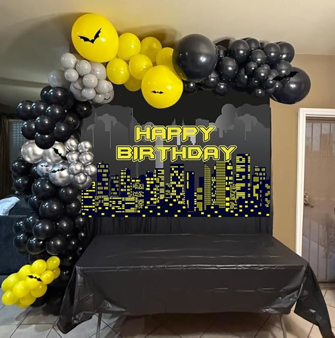 54 PCS Bat Theme Birthday Decorations Superhero Super City Backdrop 5x3FT Black Yellow Silver Balloons Arch Garland Kit Full Moon Bat Background Children Party Supplies