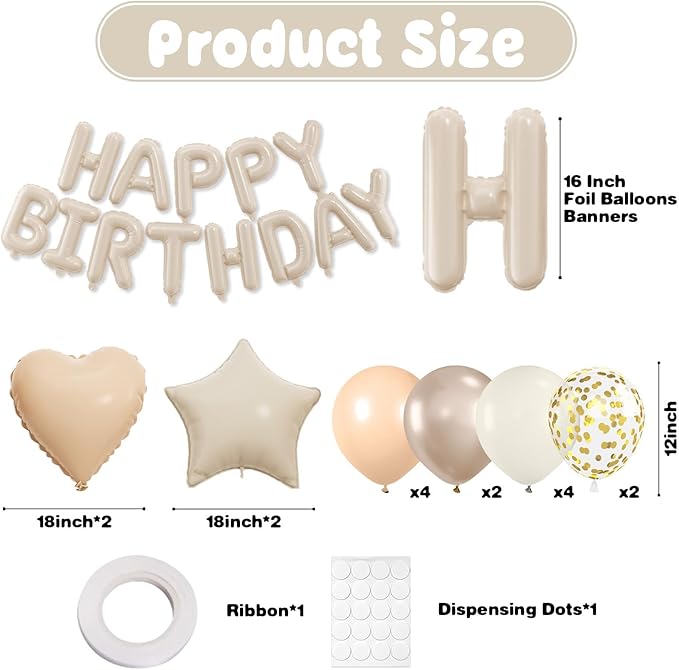 29 PC Cream Happy Birthday Balloon Banner, 16 Inch 3D Aluminum Letter Banner Sign, Apricot Champagne Gold Ivory White Balloon 18 Inch Star Heart Foil Balloons for Kids, Women, Men Party Supply