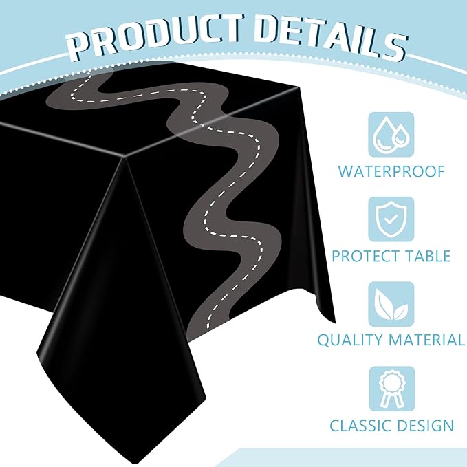 Irenare 3 Pcs Racing Table Cloths Car Birthday Party Supplies 54 x 108 Inch Racetrack Table Runner Covers Disposable Rectangular Road Tablecloth for Kids Boy Car Theme Birthday Party Decor (Black)