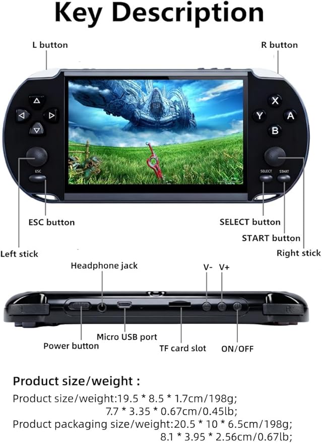 Multi-Function 5.1 Inch Video Game Console Built-in 4000 Retro Games Portable Handheld Support Arcade MAME Multiple Emulator Games Archiveable MP3/4 E-Book Men/Kids