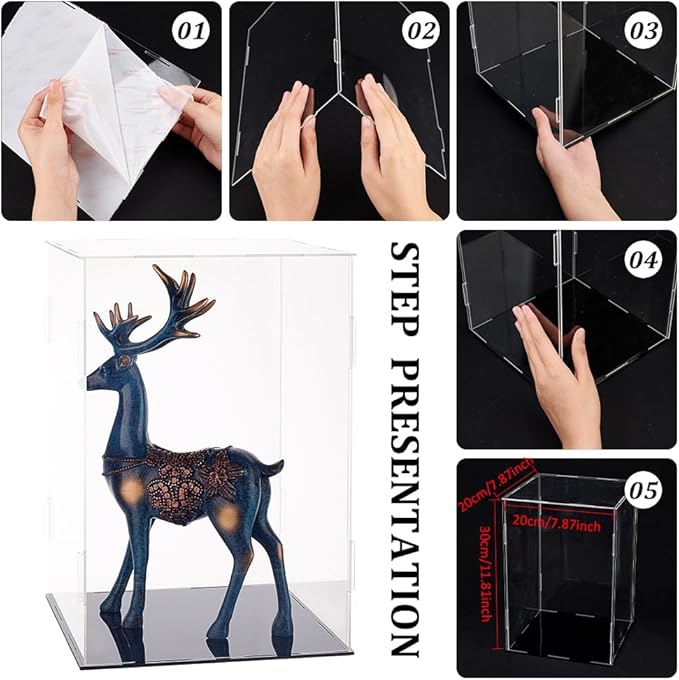 FINGERINSPIRE Plastic Minifigure Display Cases 8.3x8.3x12inch Clear Dustproof Action Figure Display Box with Black Base Display Cabine for Models, Building Blocks, Doll and Collection