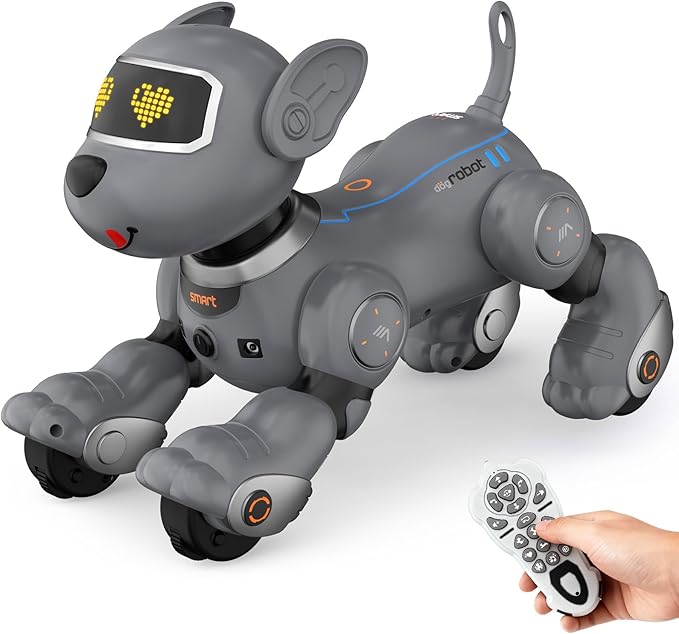 PRANITE Robot Dog, Programmable Remote Control Dog Toy for Kids with One-Key Following, Voice Control, Touch, Dance, Sing, Smart RC Stunt Puppy Toy Gift for Boys Girls (Gray)