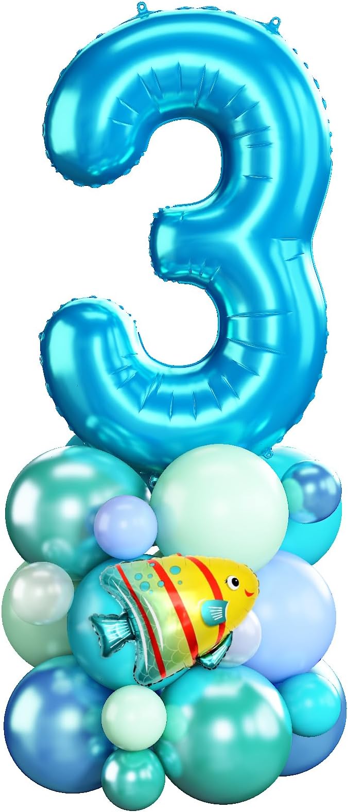 Blue Number 3 Balloon 40 Inch Ocean Under the Sea Number Three Foil Balloons Tower with Shark Bubble Fish for Boys Third 3rd Birthday Party Decor Green Underwater Digital Aluminum Balloons Stack