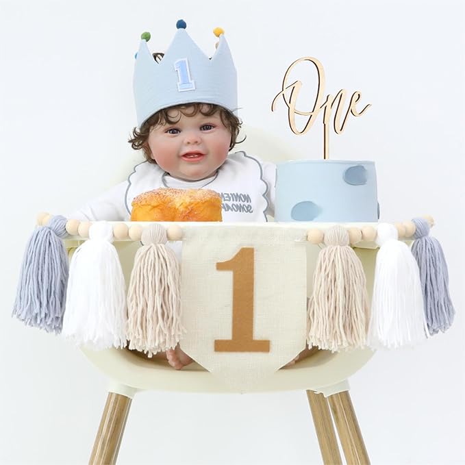 Baby Boy First Birthday Party Decorations Blue White High Chair Banner 1st Crown Hat Cake Topper