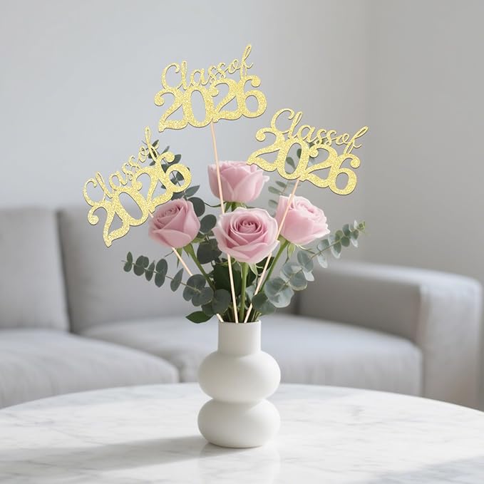 Gold Class of 2026 Double-sided Graduation Table Centerpieces, 12 Pcs Grad Party Decorations with Sticks, Graduation 2026 Party Supplies for Table Decor