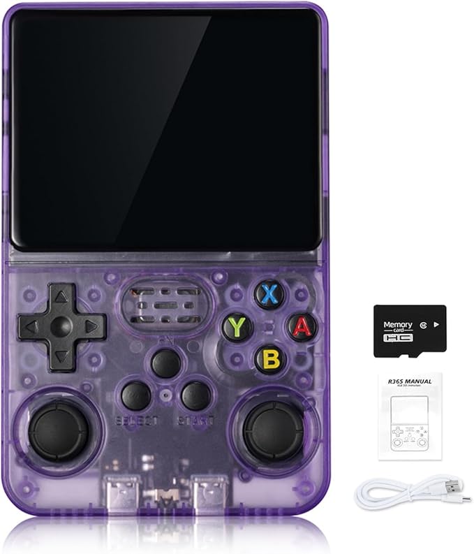 R36S Handheld Arcade Console - Built-in 20,000 Games & 64G, 3.5 Inch IPS Screen, Open Source System, Classic Emulator (Purple)