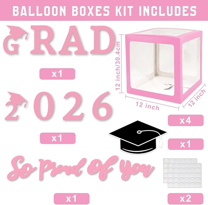 Pink Graduation Decorations Class of 2026 - Set of 4 Balloons Boxes with Letters 2026 GRAD So Proud of You, Congrats Grad Party Decorations for Any Grades