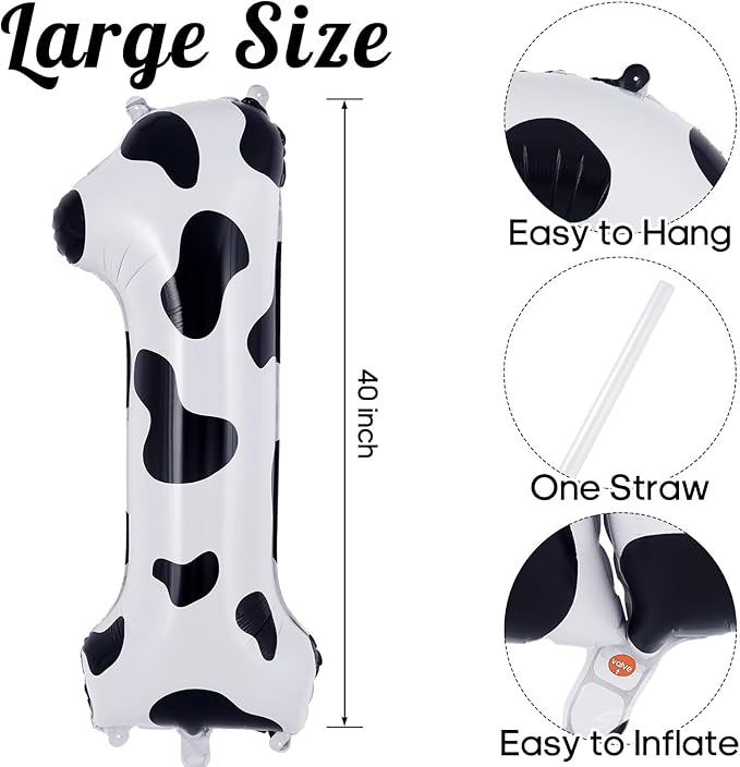 Cow Print Number 1 Balloon, Large 40 Inch Cow Number Birthday Balloons, Foil Mylar Number 1 Balloons for 1st first Birthday Party Decorations Supplies Animal Farm Cowboy Cowgirl Themed Party