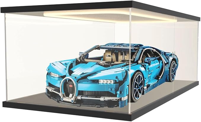 Nynelly Acrylic Display Case for Collectibles with LED Light, Clear Display Box for Lego 42143 42096 42083, 1/8 Scale Model Car Display Case, Assemble Dustproof Countertop Showcase, 23.6x11.8x7.8in