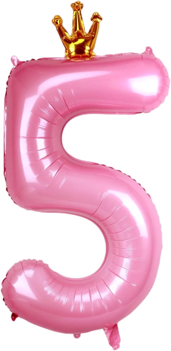 40 Inch Crown Pink Number 5 Balloon, Big Conjoined Baby Pink Foil Mylar Helium 5 Balloon for Girls 5th Birthday Party Decoration Princess Theme Party Decor Supplies Favors