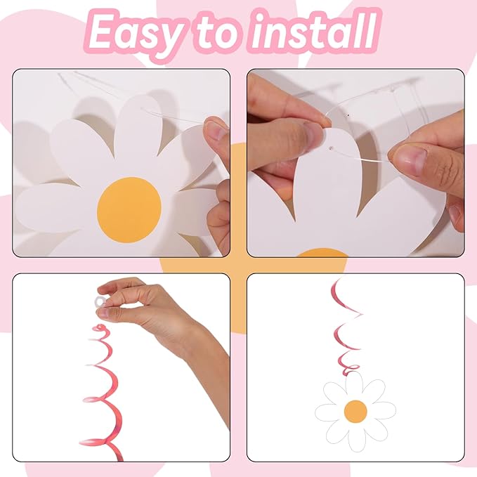 60pcs Pink Daisy Flower Hanging Swirls Pink Daisy Foil Swirls Ceiling Hanging Banner Decor Flower Cutouts Party Supplies for Boho Hippie Groovy Retro Themed Birthday Baby Shower Party Favor
