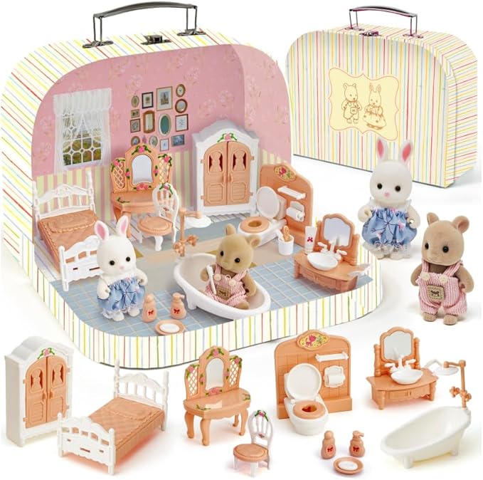 Suitcase Dollhouse Furniture Set for Kids, Mini Dollhouse Box with 2 Flexible Dolls and Bedroom&Bathroom Furnitures, Pretend Play Accessories Christmas Birthday Gift for Toddlers Ages 3+
