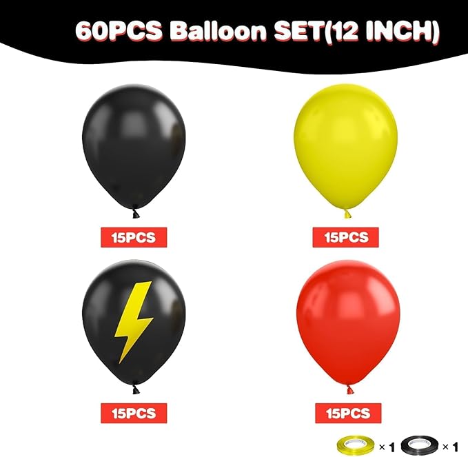 Red Black Yellow Balloons, 60 Pcs 12 Inch Energy Lightning Theme Balloons for Kids Adventure Birthday Party, Game Action Baby Shower Decorations