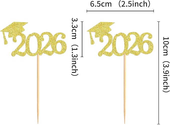 24 Pcs Graduation Cupcake Toppers 2026, Food/Appetizer Picks For Graduation Party Mini Cake Decorations, 2026 Cupcake Toppers(Gold)