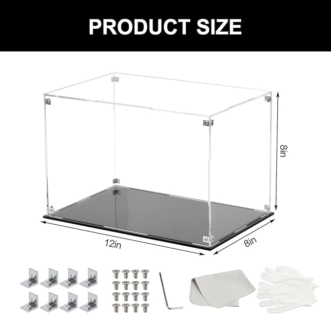 Rectangle Clear Acrylic Boxes for Collectibles Display, Assemble Storage Box Action Figures Display Case with Black Base, Removable Dustproof Showcase for Toy Car Model Home Storage, 12x8x8In