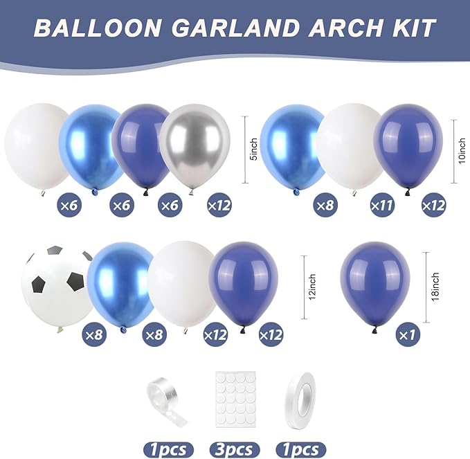 Soccer Balloon Arch Kit,Royal Blue Silver White Metallic Silver Football Balloons for Boy Soccer Birthday Party Decorations Baby Shower Wedding Anniversary Graduation Sport Themed Party Supplies