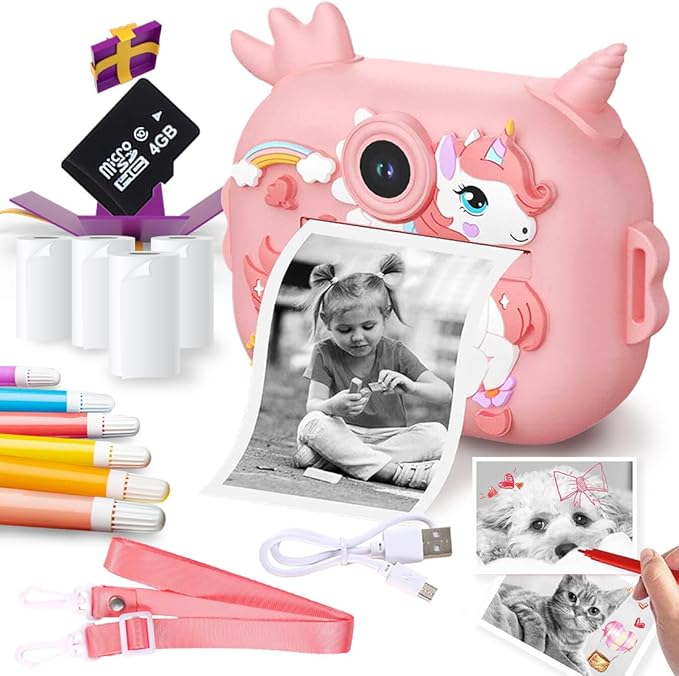 Wembley Kids Camera Instant Print with Dual Lens | Birthday Gift Toys for Boys & Girls 3–10 Years | Unicorn Digital Toddler Camera Thermal Printer | Selfie & Video | Rechargeable | 32GB SD Card Pink