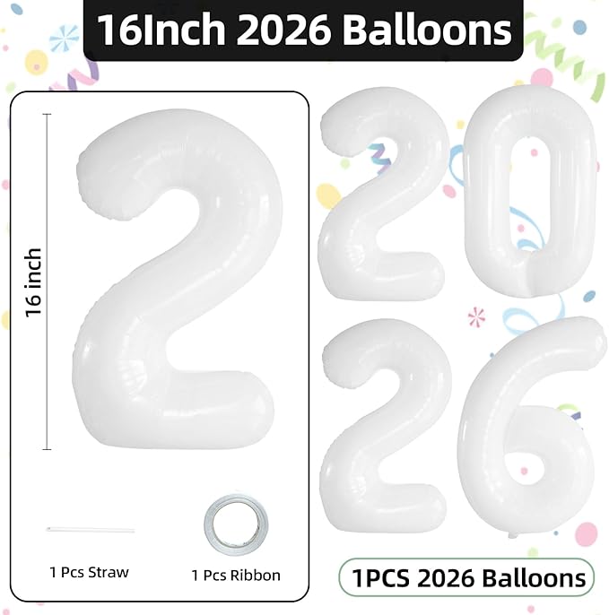 KALOR 16 Inch 2026 White Foil Number Balloons, 2026 New Years Decorations for 2026 Happy New Year Eve and Graduations Party Supplies