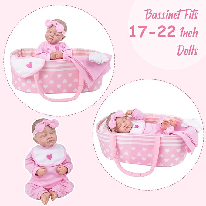AORI Reborn Baby Dolls Bassinet - Foldable Doll Crib Bed Soft Doll Carrier Accessories with Handle for 17-22 Inches Newborn Baby Girls Pink