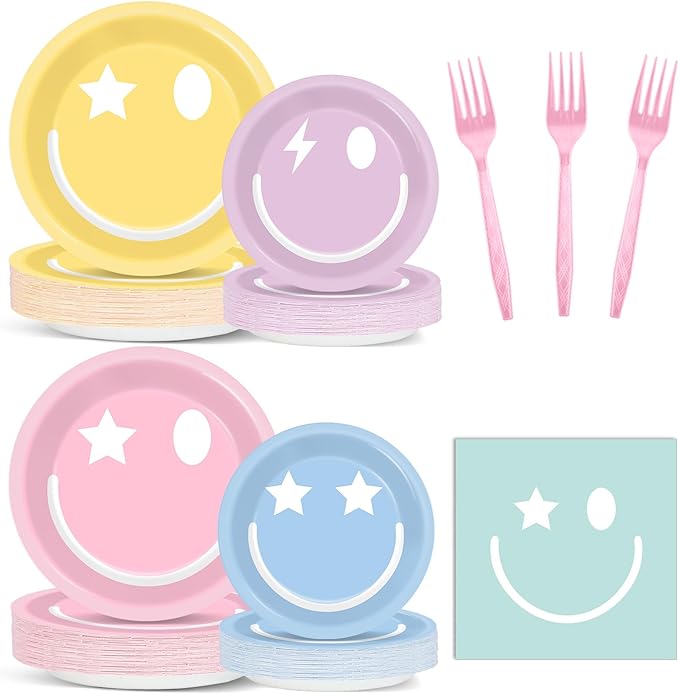 200Pcs Pastel Smile Face Party Decorations Paper Plates Napkin Preppy Smile Face Party Tableware Smile Face Dinnerware Set Supplies for Birthday Bachelorette Baby Shower Table Party Favors Serve 50