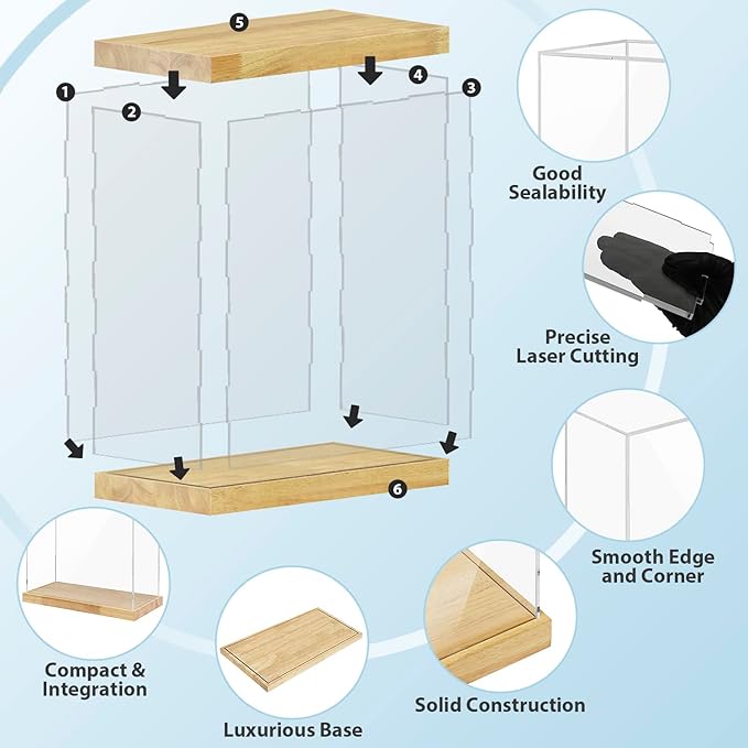 BenchPro Clear Acrylic Display Case for Trophy, Collectibles, Assemble Cube Display Box Stand Dust Proof Protection Showcase for Action Figures Toys. (1" Thick Wood, 16" H x 24" L x 12" D)