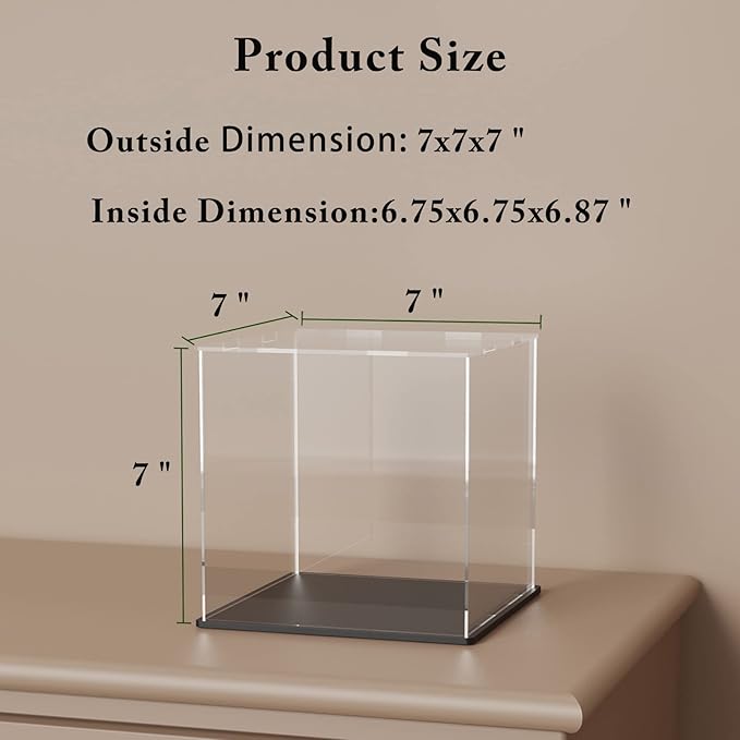 Clear Acrylic Display Case with Matte Black Base, Dust-Proof Showcase, Cube Acrylic Display Box for Collectibles (7x7x7 inch)