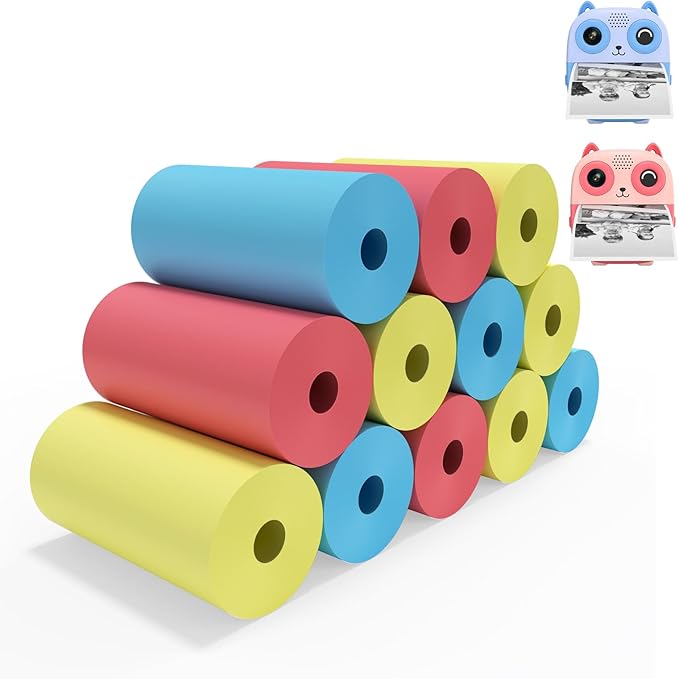 Kids Instant Camera Refill Print Paper, 12 Rolls Paper Roll Refill, Thermal Printer Paper for Most Kids Instant Print Camera(Multi-colored)