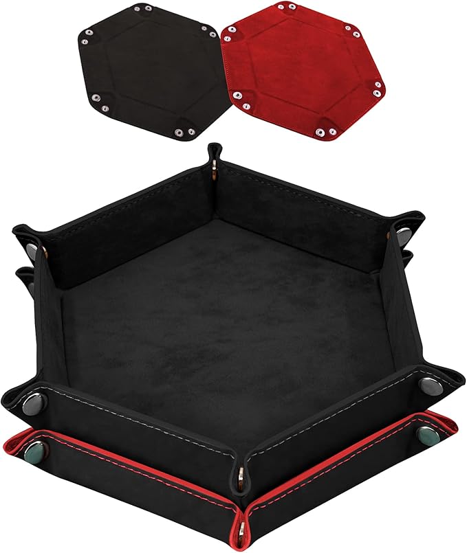 SIQUK 2 Pieces Dice Tray PU Leather Dice Trays Folding Hexagon Dice Holder Tray for Dice Games Like RPG, DND and Other Table Games (Black and Red)