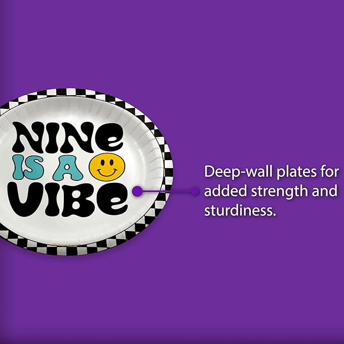 Nine is a Vibe Smiley Face Ninth Birthday - 32 Piece Disposable Party Supplies - Decorations for 9th Birthday Round Party Plates - Large 9" Paper Plates In Bulk